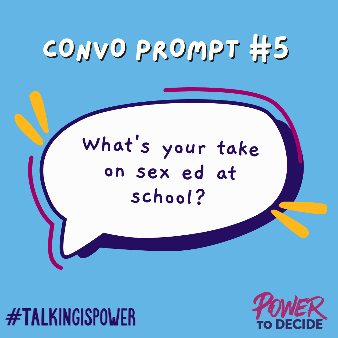 A speech bubble that asks, "What's your take on sex ed at school?"
