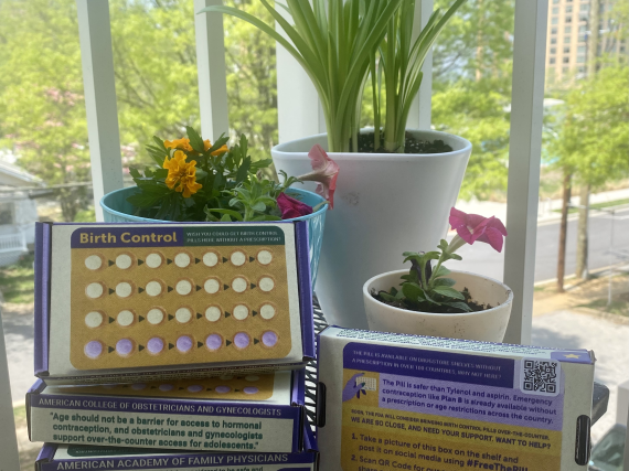 Four boxes showing what over-the-counter birth control could look like. The boxes are sitting on a table in front of some flowers on a balcony. 