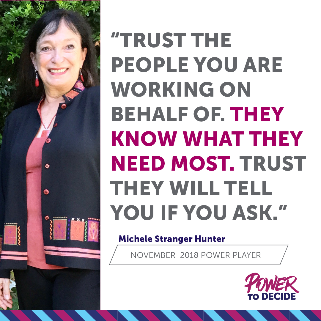 A photo of Michele Stranger-Hunter with a quote from the interview
