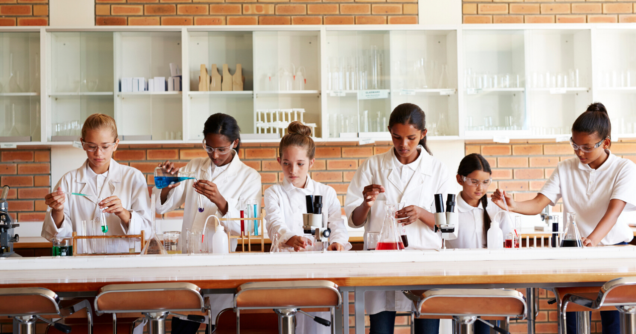 Six girls work on an experiment in a school chemistry lab