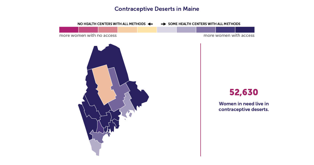 A map of Maine showing the contraceptive deserts by county. 