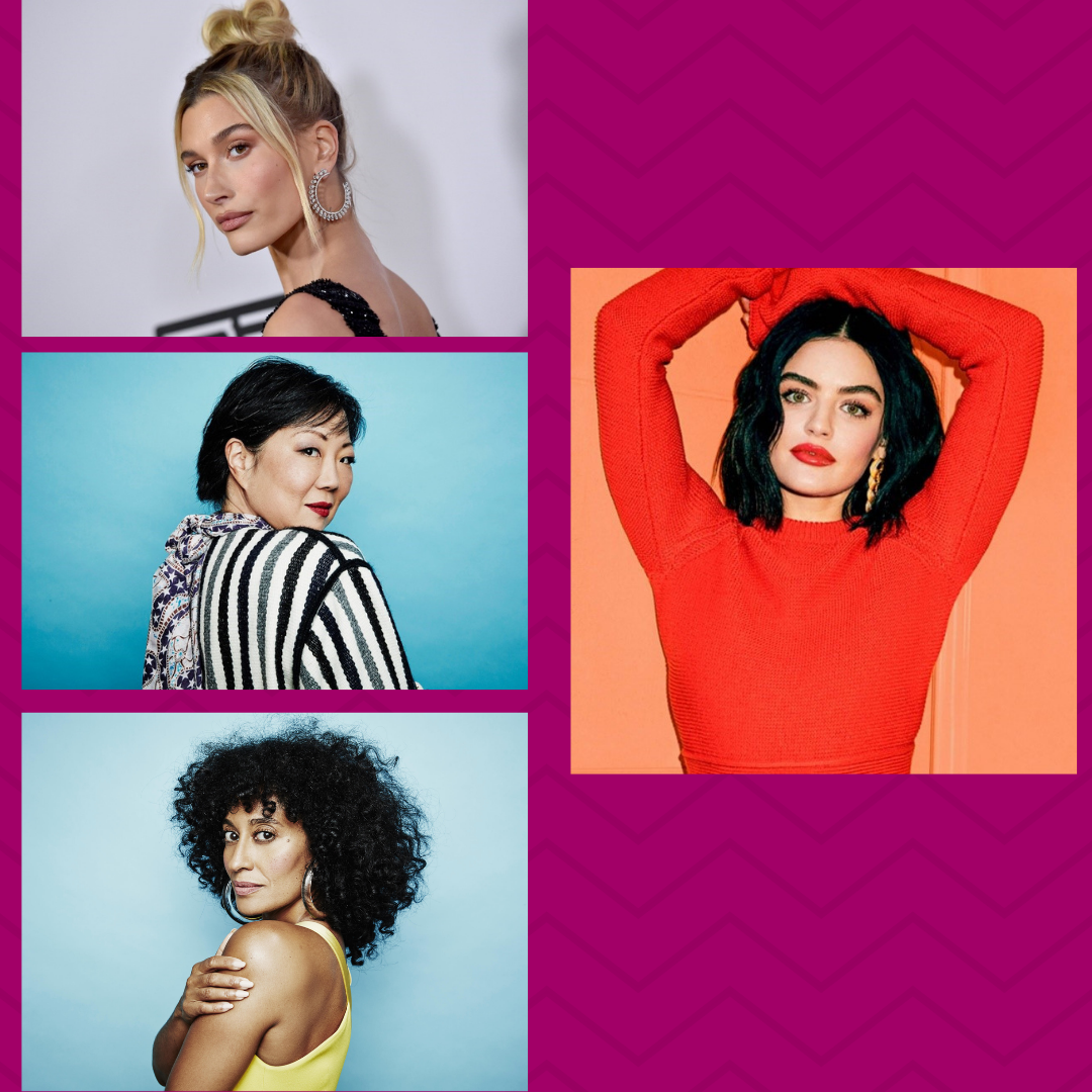 Photos of all four women featured in the blog: Lucy Hale, Margaret Cho, Hailey Bieber, and Tracee Ellis Ross.