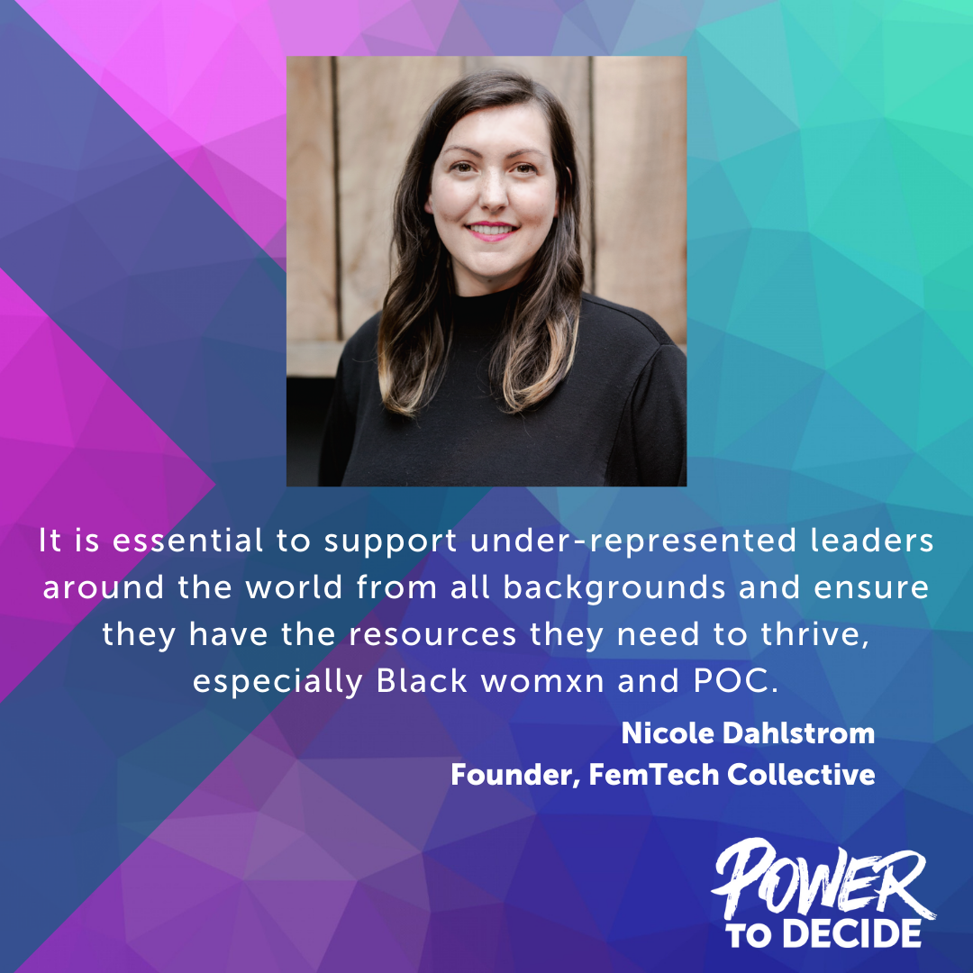 A portrait of Dahlstrom and a quote from the interview, "It is essential to support under-represented leaders around the world from all backgrounds and ensure they have the resources they need to thrive, especially Black womxn and POC."
