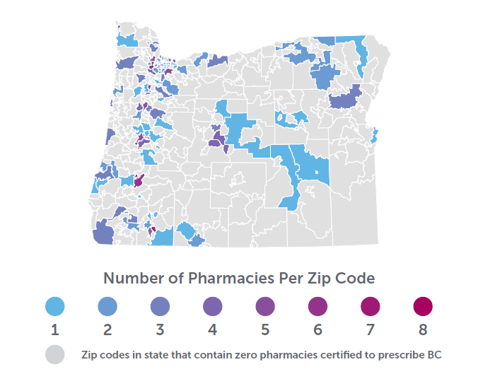 A map of the state of Oregon showing the number of pharmacies per zip code that prescribe birth control. 