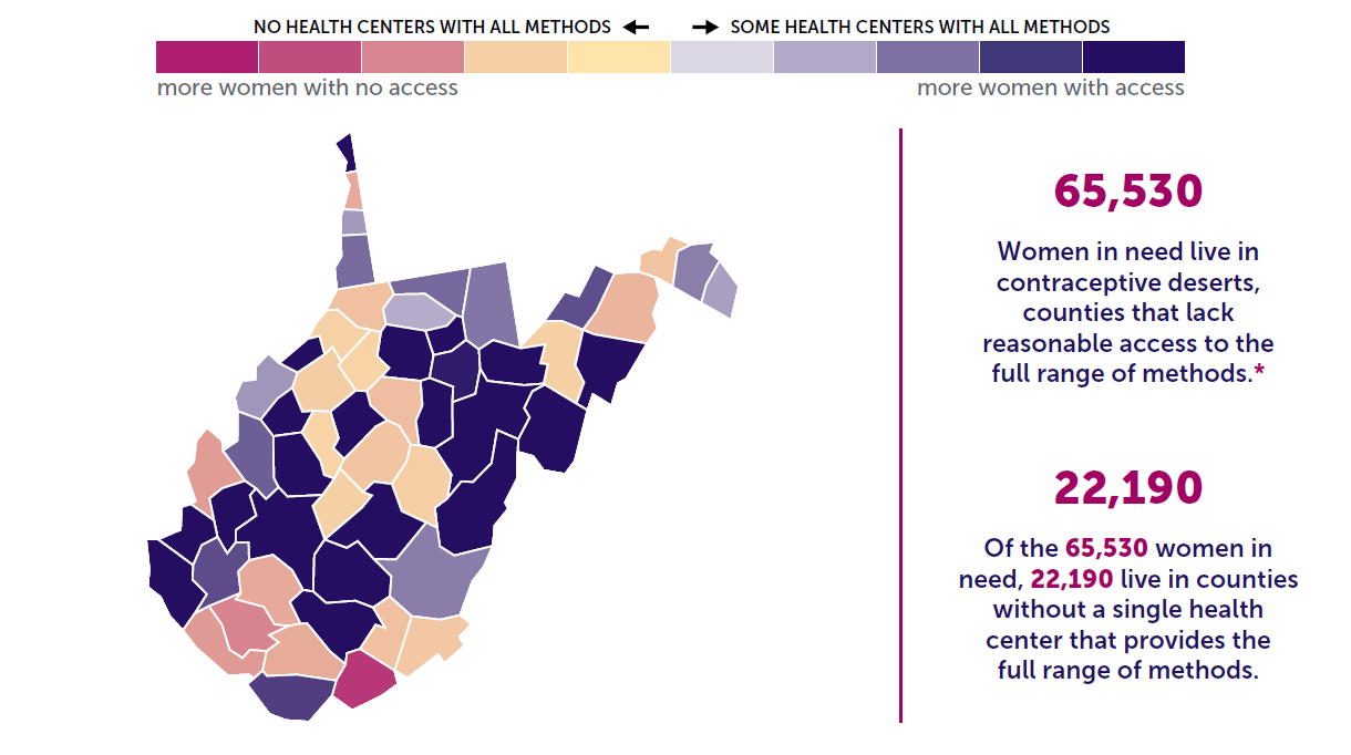 A map of the state of West Virginia showing birth control access by county. 