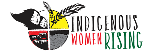 A logo for Indigenous Women Rising, which is made of a circle in four parts--two Native women, feathers, rain, and moutains. 