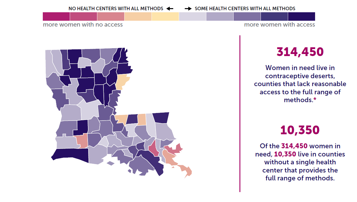 A map of Louisiana showing the levels of contraceptive access by county. 