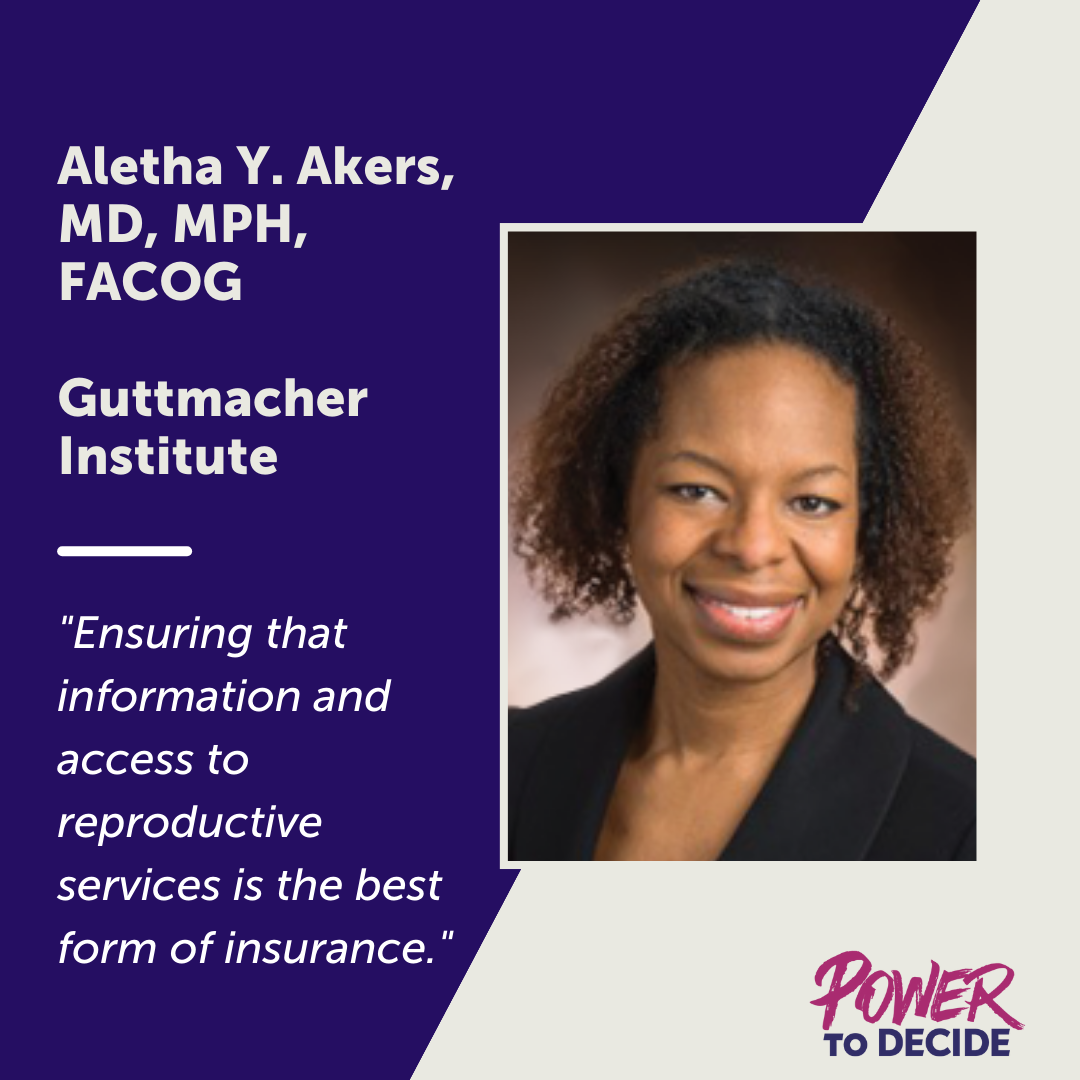 A photo of Aletha Akers and a quote from the interview, "Ensuring that information and access to reproductive services is the best form of insurance."