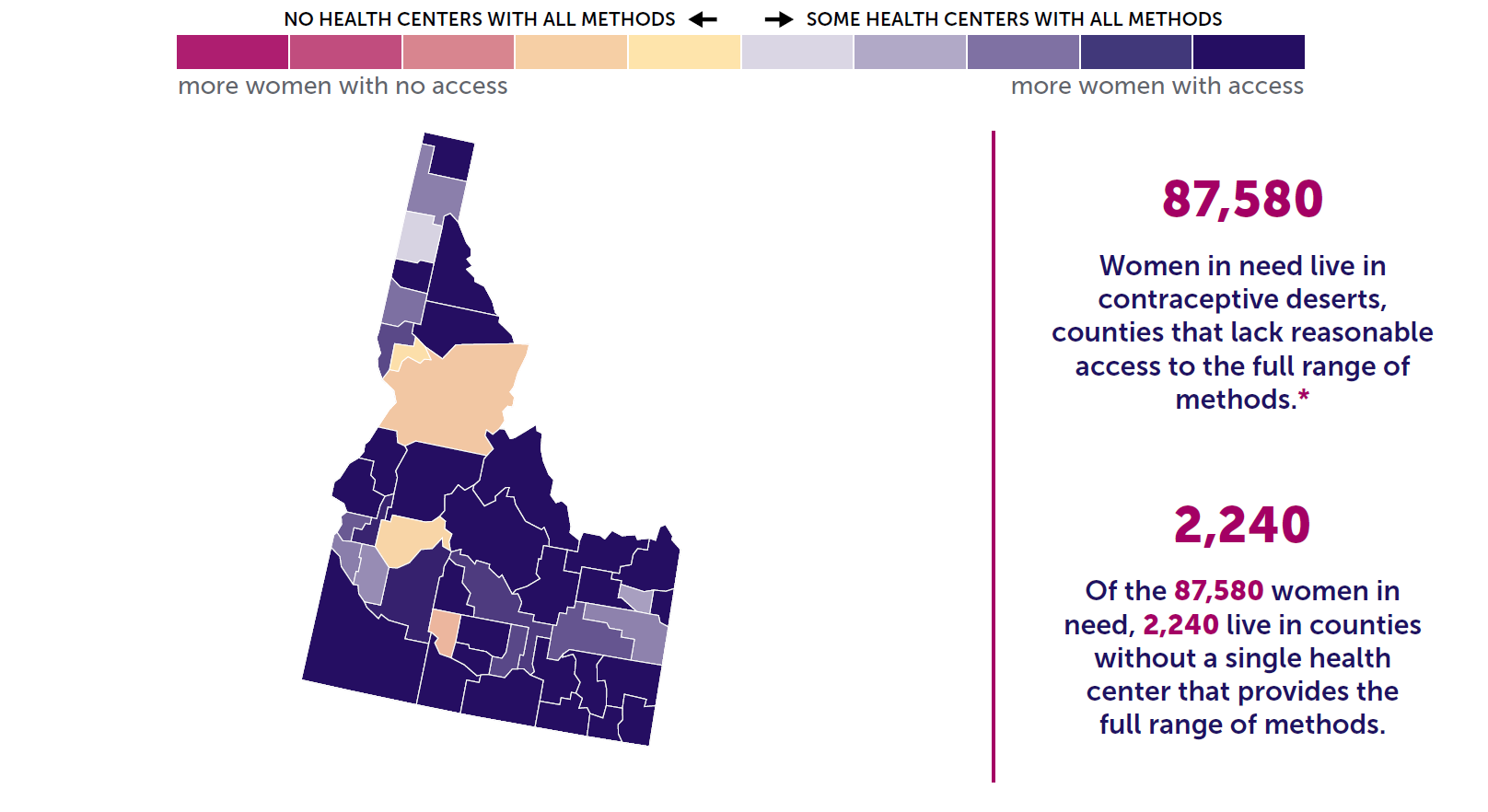 A map of Idaho showing the levels of contraceptive access by county. 