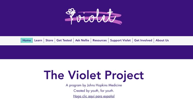A screenshot of The Violet Project website's homepage.