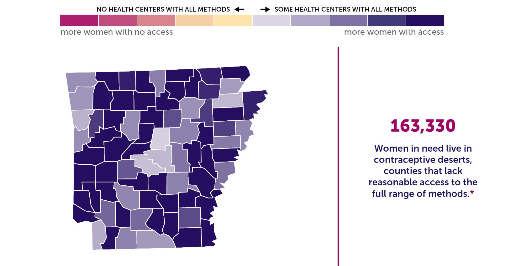 Map of Arkansas showing the state of contraceptive access by county.