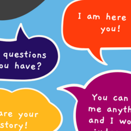 A graphic of various speech bubbles with different sayings in them all connected to the themes of #TalkingIsPower.