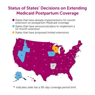 A map of the US showing the state of Medicaid postpartum coverage as of April 2024.