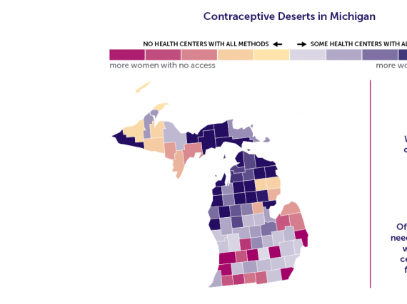 A map of Michigan showing the contraceptive deserts by county. 