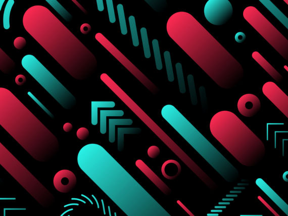 An abstract pattern of red and teal shapes. 