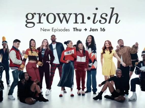 A cast photo of the TV show Grown-ish, which airs on Freeform and Hulu on Thursday's at 9pm ET. 