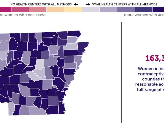 Map of Arkansas showing the state of contraceptive access by county.