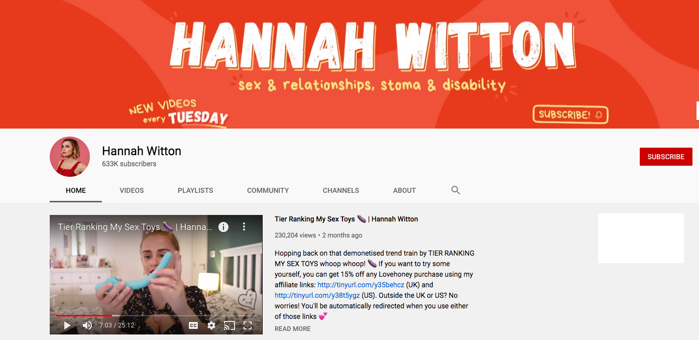 A screenshot of Hannah Witton's YouTube account. 