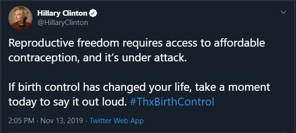 A screenshot from Twitter of Hillary Clinton saying, "Thanks, Birth Control."