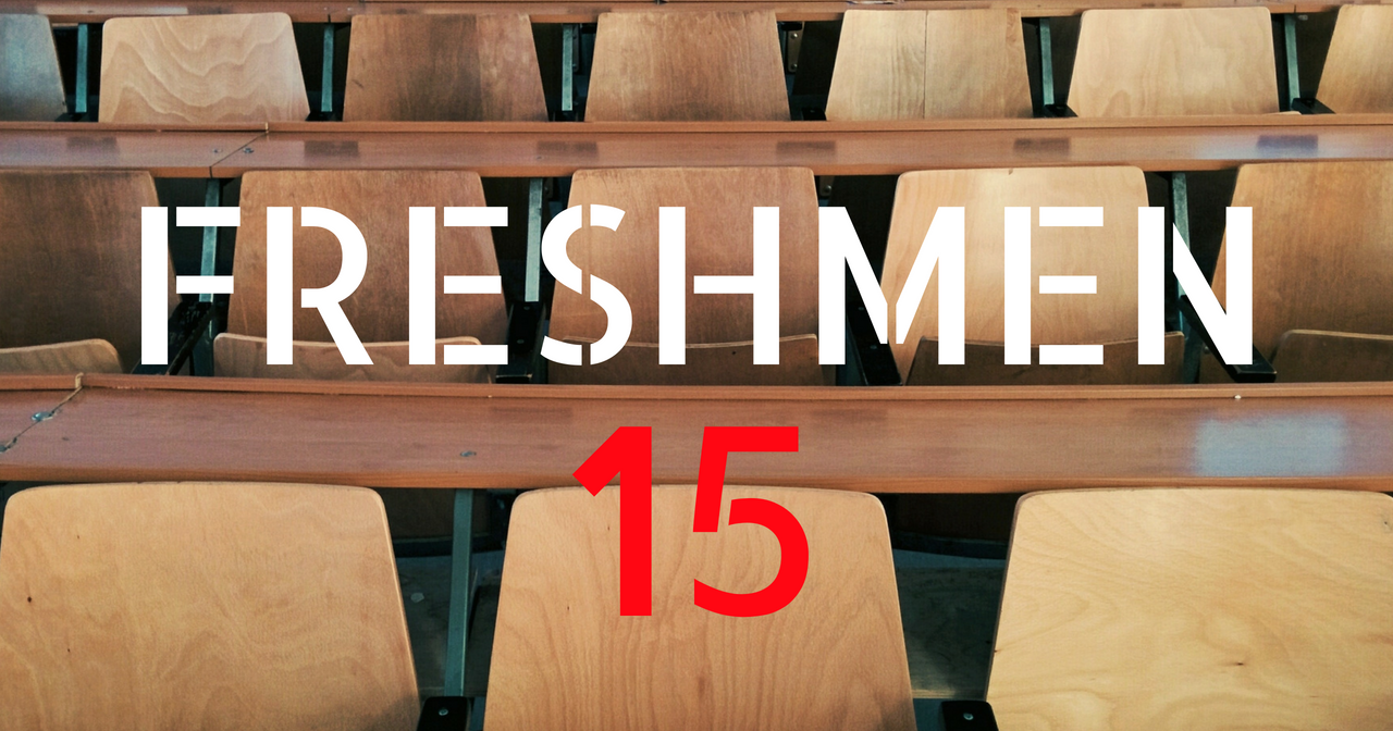 the words Freshmen Fifteen over a group of empty desks