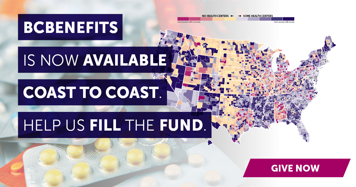 A map of the US with the words, "BCBenefits is now available coast to coast. Help us fill the fund."