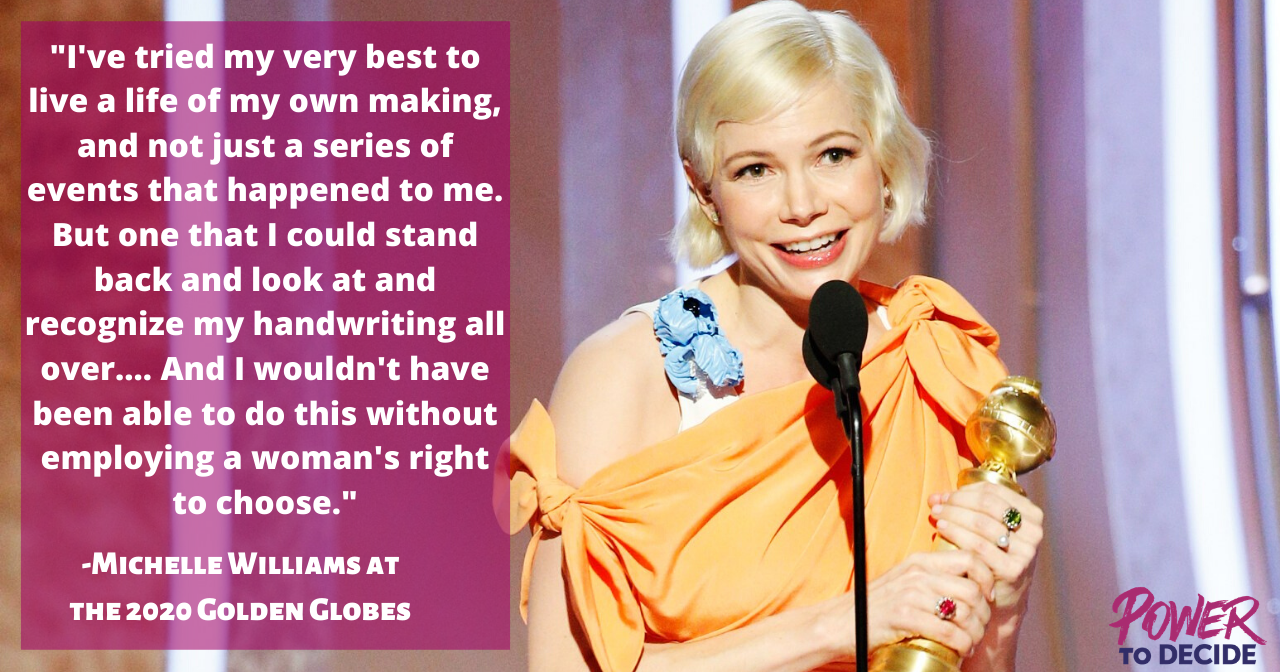 A photo of Michelle Williams giving her 2020 Globes speech and a transcript from the speech. 