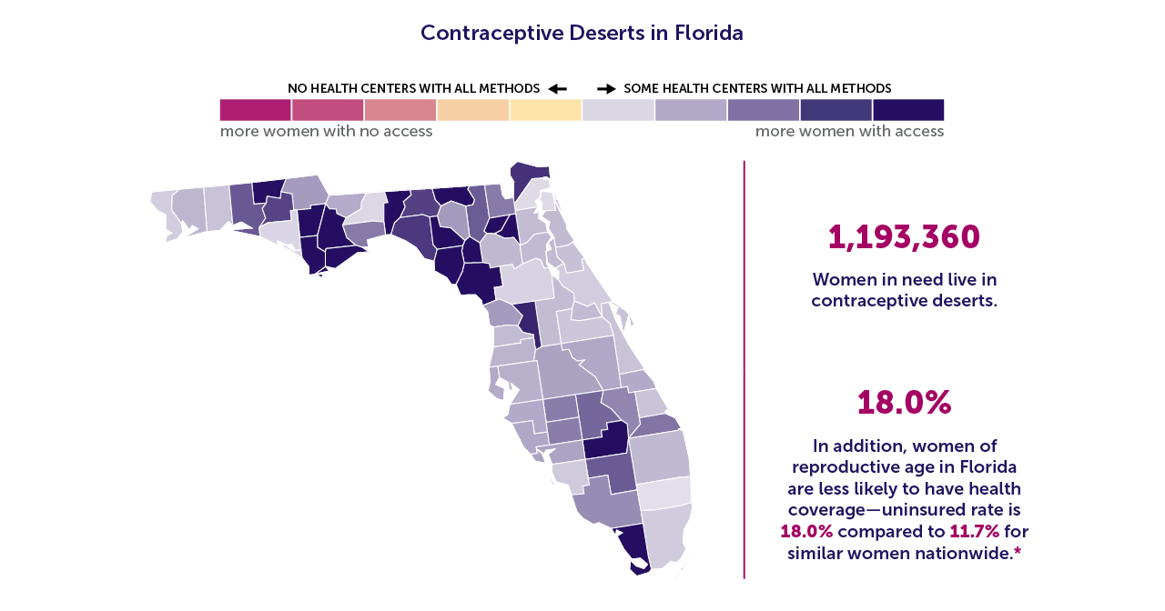A map of Florida showing the contraceptive deserts by county. 