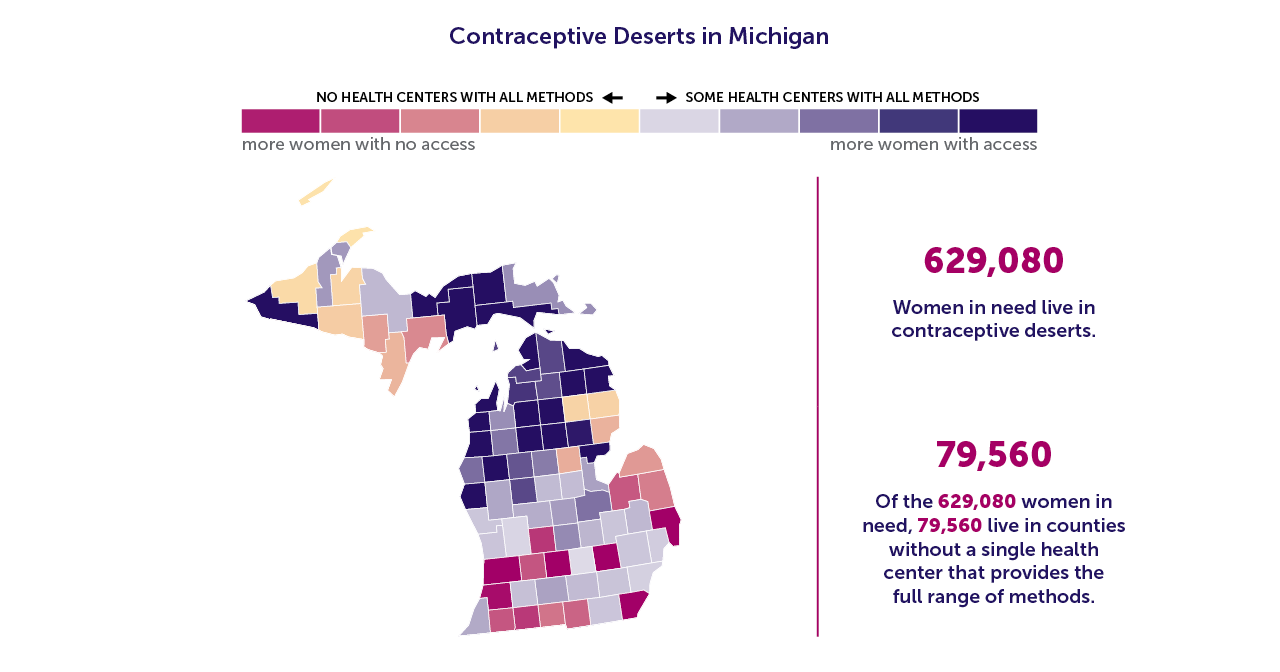 A map of Michigan showing the contraceptive deserts by county. 
