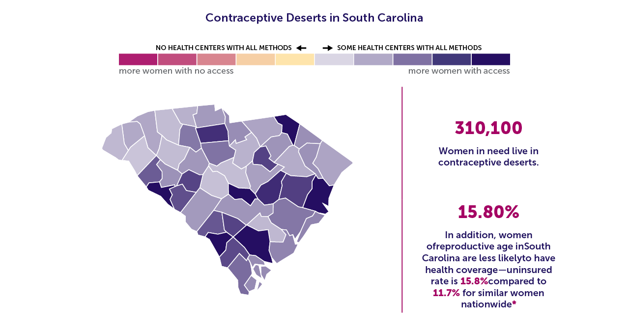 A map of South Carolina showing the contraceptive deserts by county. 