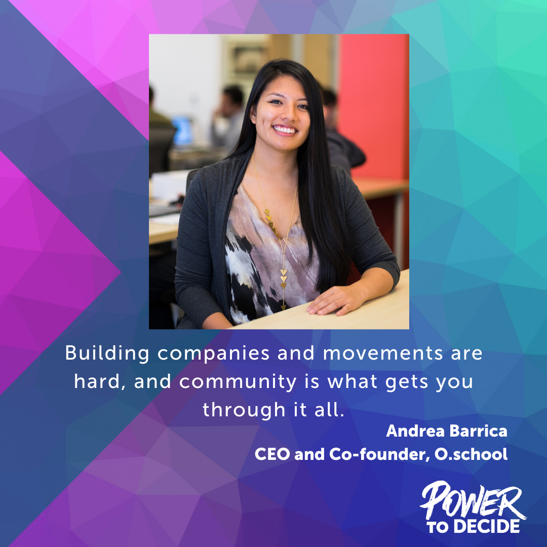 A photo of Barrica and a quote from the interview, "Building companies and movements are hard, and community is what gets you through it all."