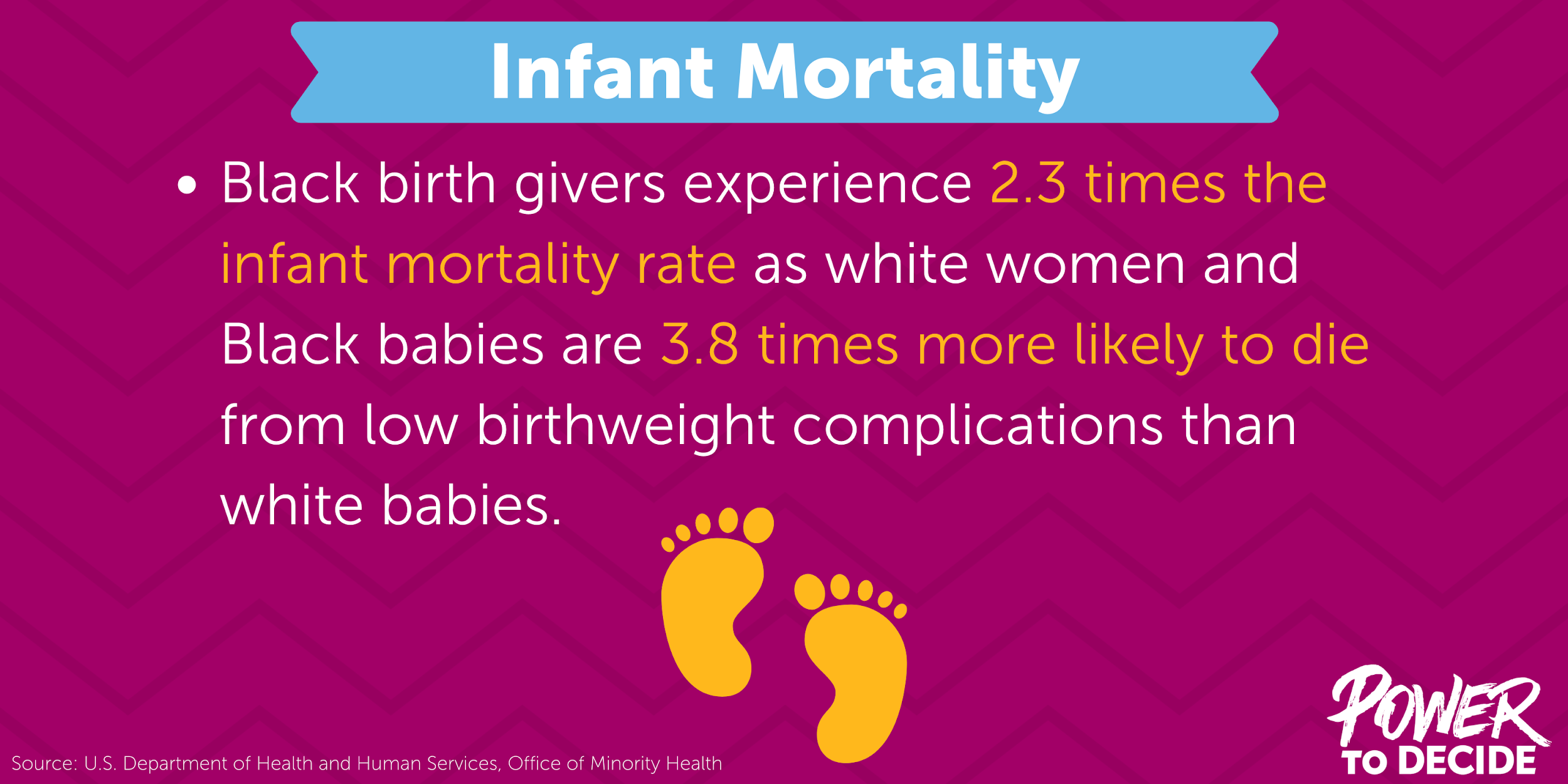 An illustration of baby feet and the words, "Black birth givers experience 2.3 times the infant mortality rate as white women and Black babies are 3.8 times more likely to die from low birthweight complications than white babies."