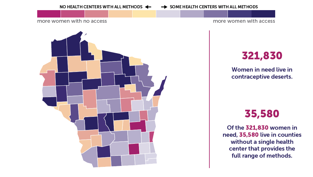 A map of Wisconsin showing the levels of contraceptive access by county. 