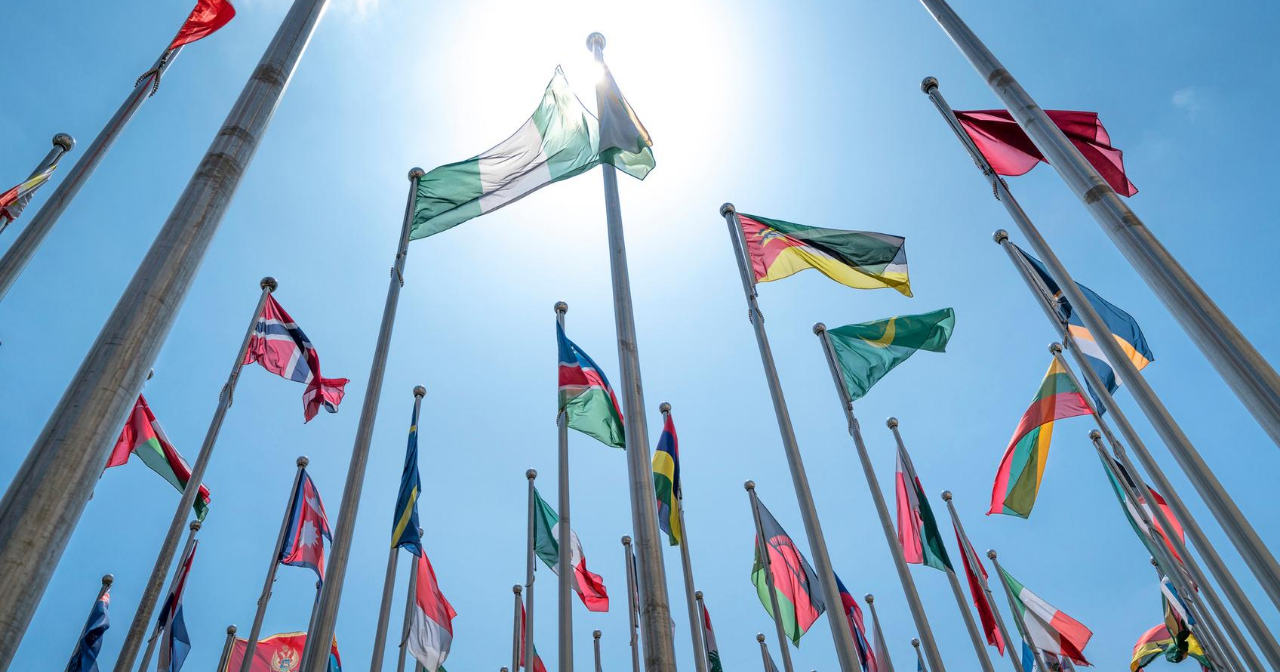The flags of many nations on flagpoles outside in the sun. 