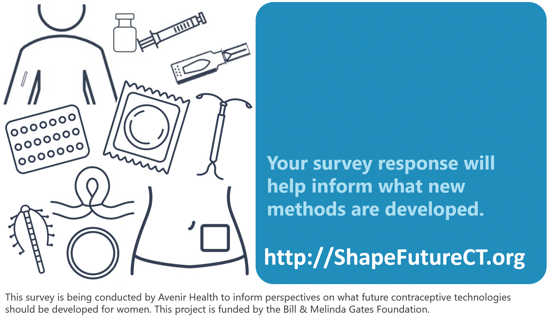 An illustration of a number of forms of birth control alongside the words, "Your survey response will help inform what new methods are development. http://ShapeFutureCT.org"