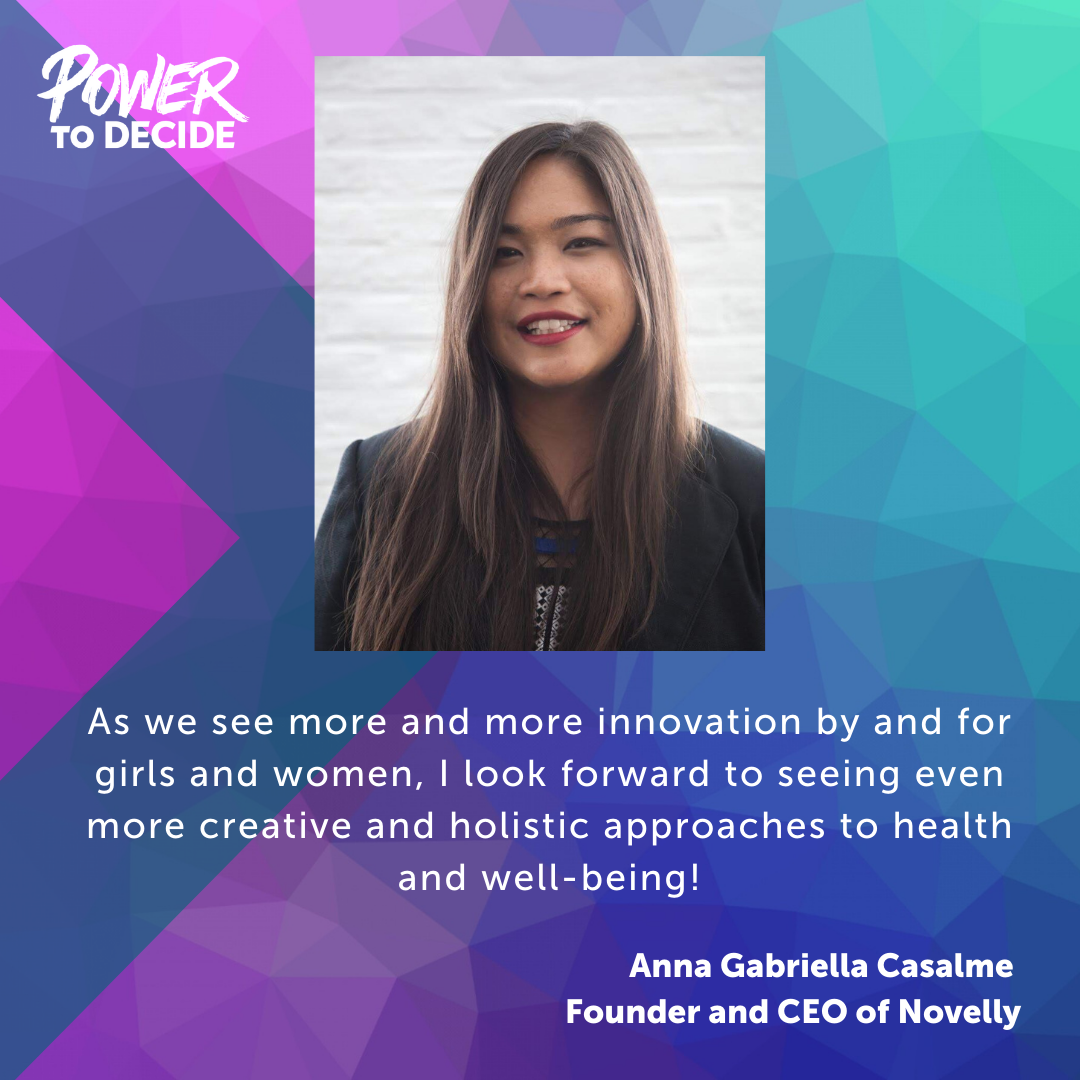 A headshot of Casalme and a quote from the interview, "As we see more and more innovation by and for girls and women, I look forward to seeing even more creative and holistic approaches to health and well-being."