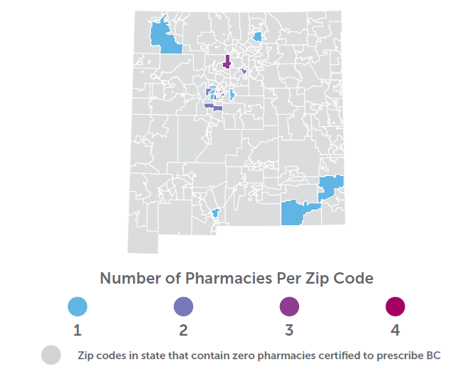 A map of New Mexico showing the density of pharmacies prescribing birth control by zip code.