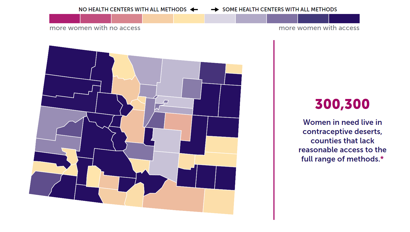 A map of Colorado showing the levels of contraceptive access by county. 