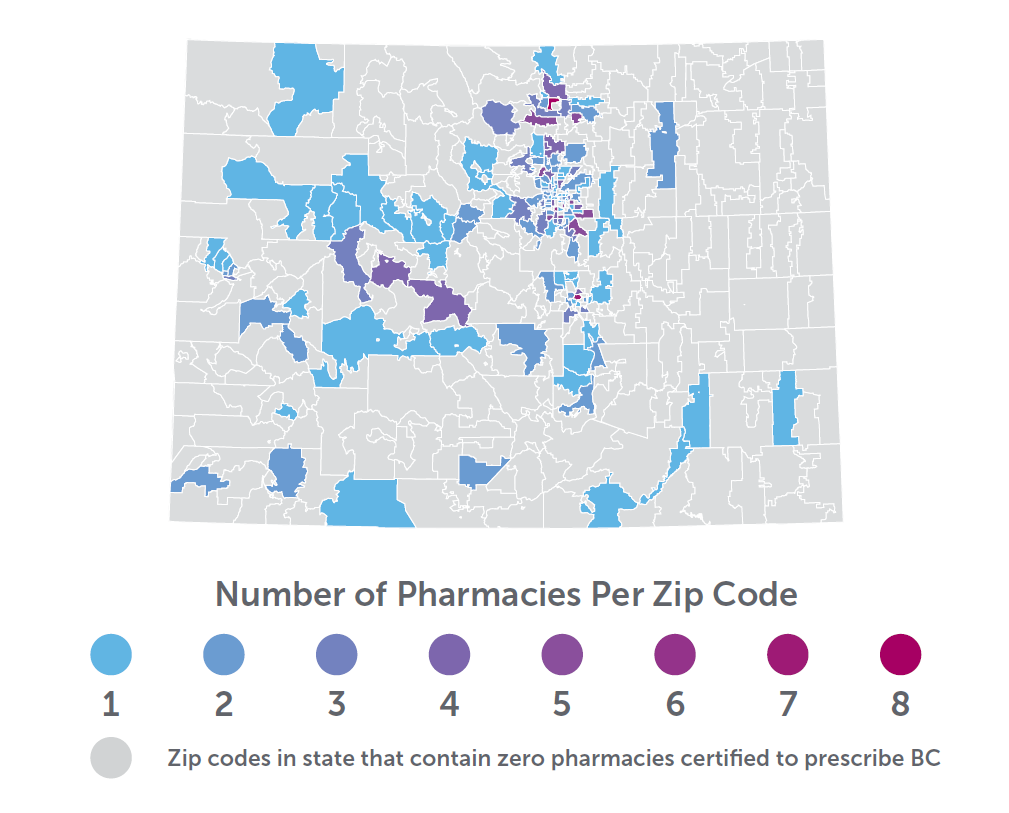 A map of Colorado showing the density of birth control prescribing pharmacies by zip code. 