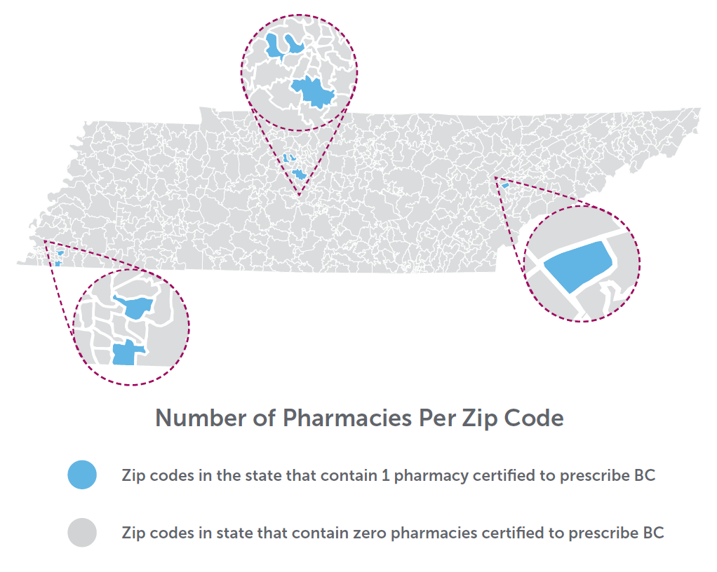A map of Tennessee showing the density of birth control prescribing by pharmacies by zip code. 