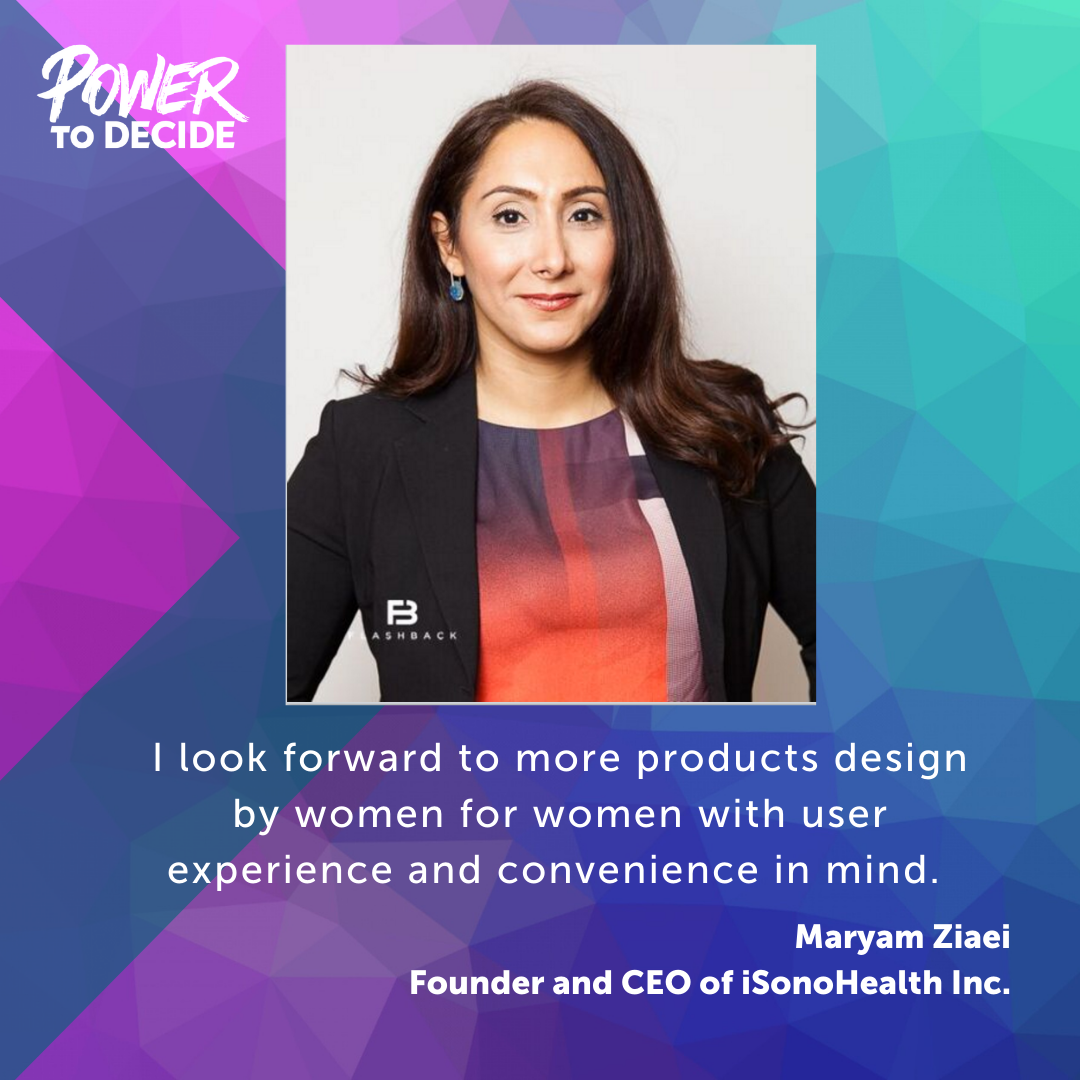 A headshot of Ziaei alongside a quote from her interview, which reads, "I look forward to more products design by women for women with user experience and convenience in mind."
