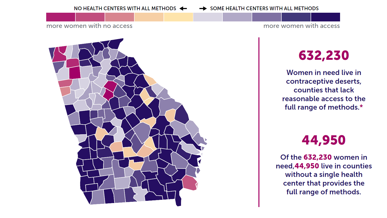 A map of the state of Georgia showing birth control access by county. 