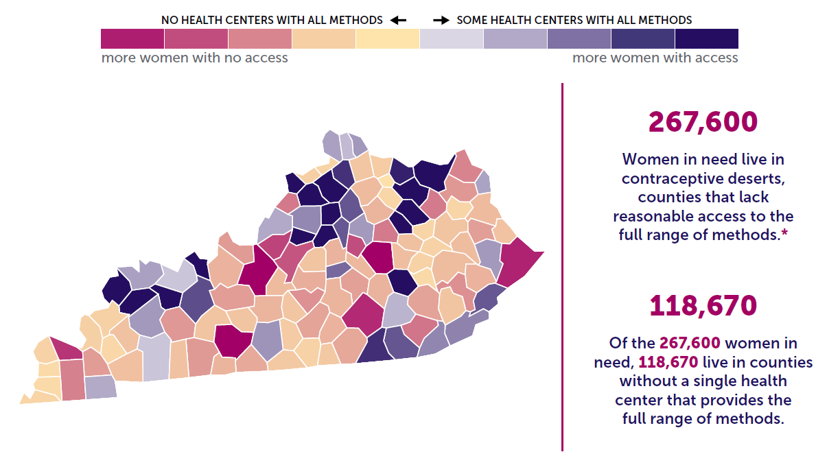 A map of Kentucky showing the levels of contraceptive access by county. 