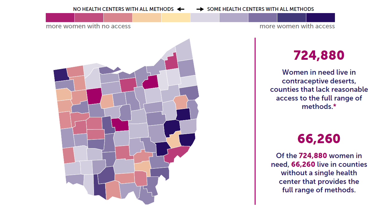 A map of the state of Ohio showing birth control access by county. 