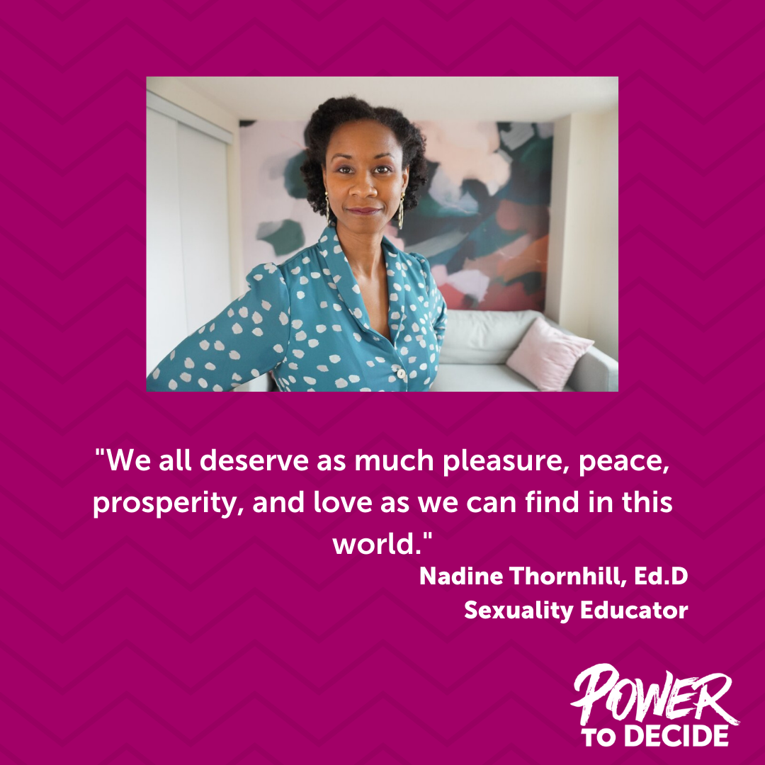 An image of Nadine Thornhill and a quote from the interview, "We all deserve as much pleasure, peace, prosperity, and love as we can find in this world."