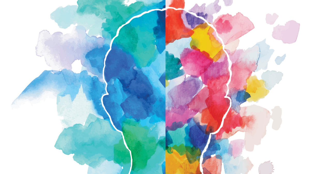 A watercolor image of a human head. One side is painted in blues and greens. The other side is painted in bright reds, yellows, and pinks. 