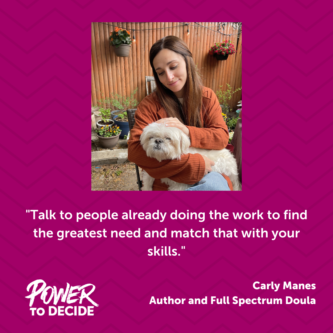 A photo of Manes and her dog alongside a quote from the interview, "Talk to people already doing the work to find the greatest need and math that with your skills."