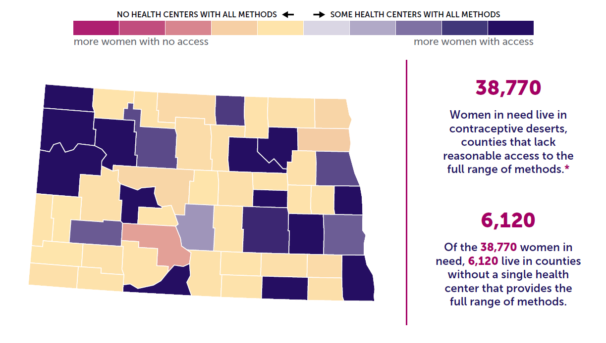 A map of North Dakota showing the levels of contraceptive access by county. 
