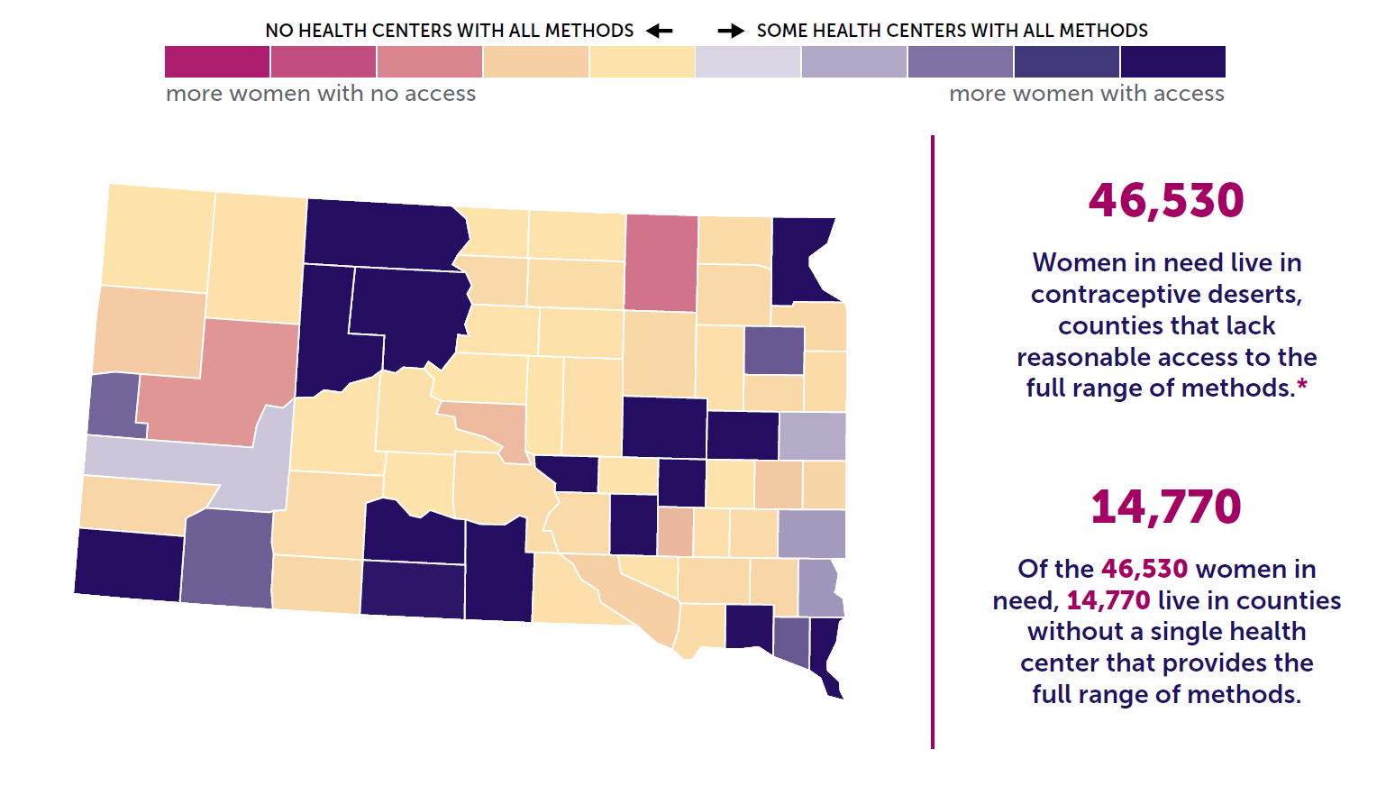 A map of South Dakota showing the levels of contraceptive access by county. 