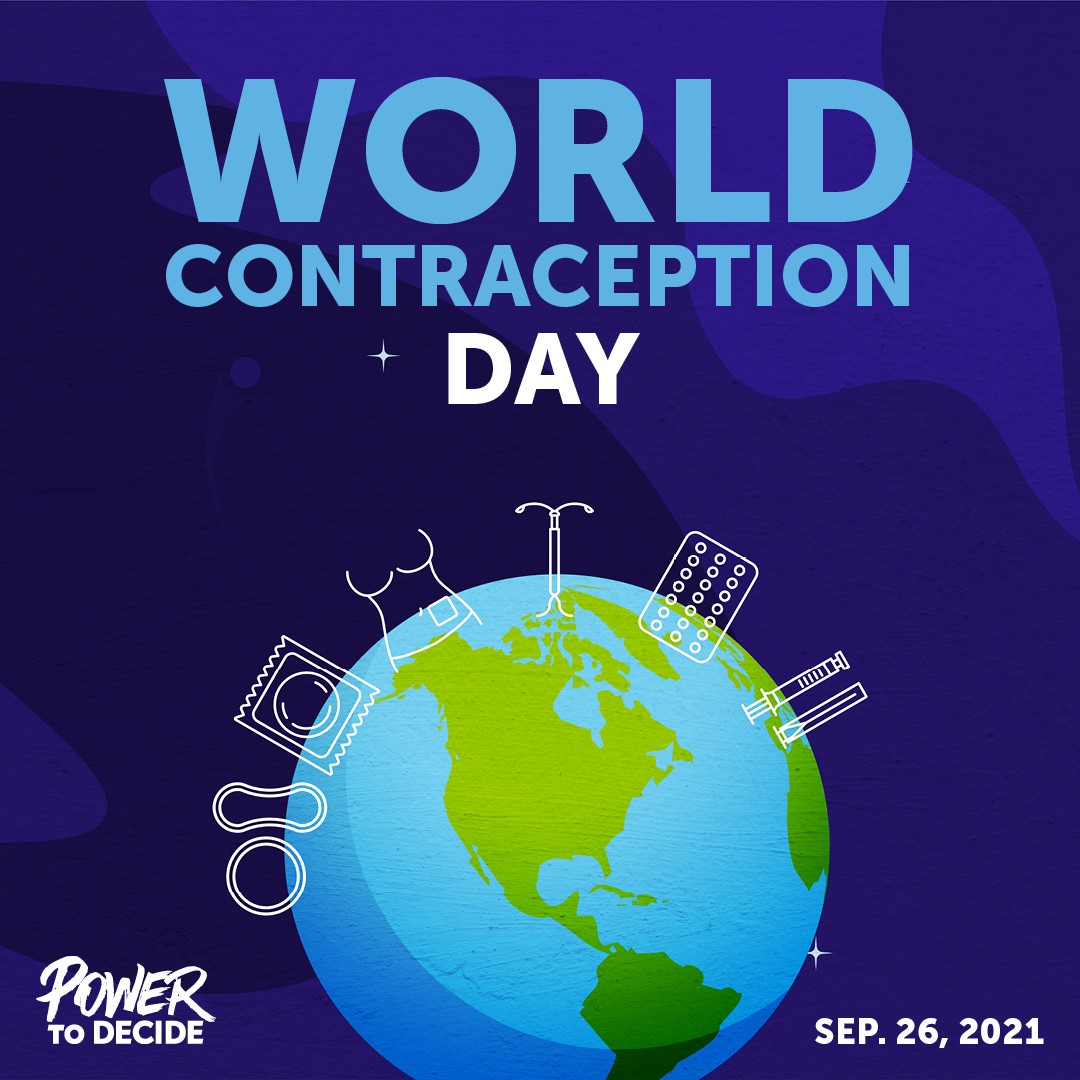 An image of the world being circled by birth control methods and the words, "World Contraception Day September 26, 2021."