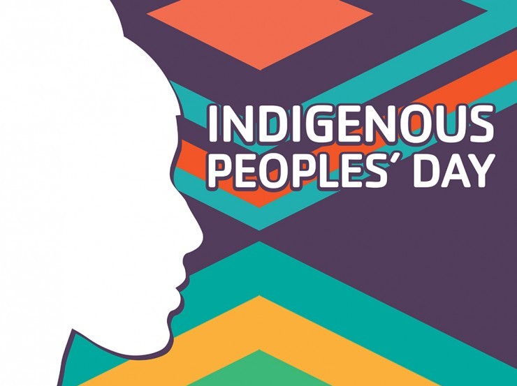 Text that reads "Indigenous Peoples' Day" next to a silhouette of a face and on top of a stripped pattern.